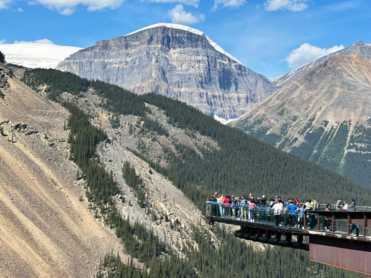 people standing on ledge with mountains in distance
