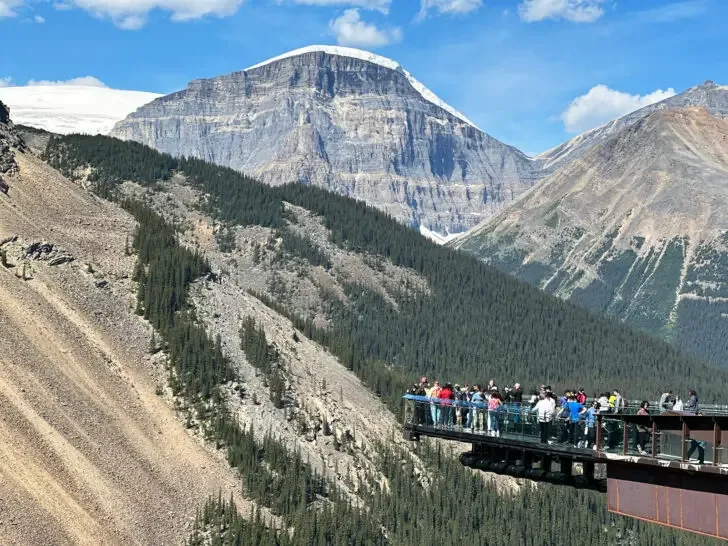 people standing on ledge with mountains in distance