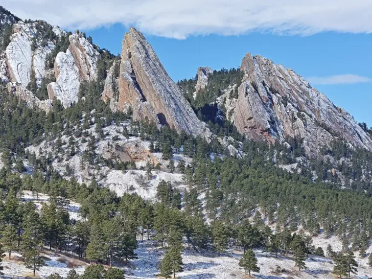 boulder colorado in snow with flat mountain peaks and trees