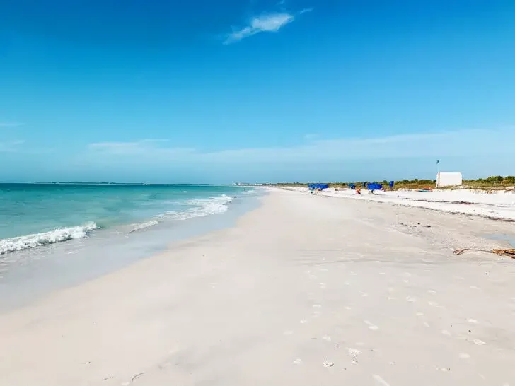 white sand beach with blue ocean and shore on sunny day