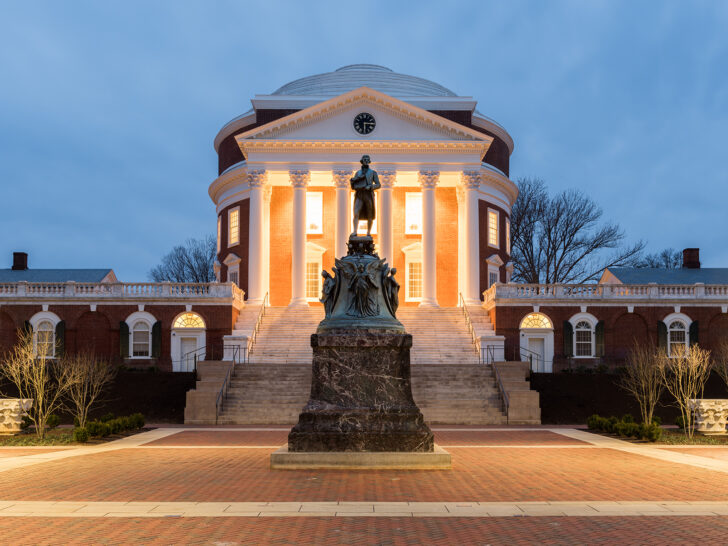 Thomas Jefferson statue in front of university building Charlottesville