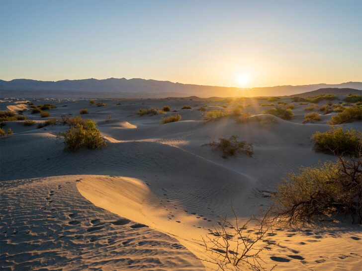 sandy terrain with desert bushes at sunset in Southern California