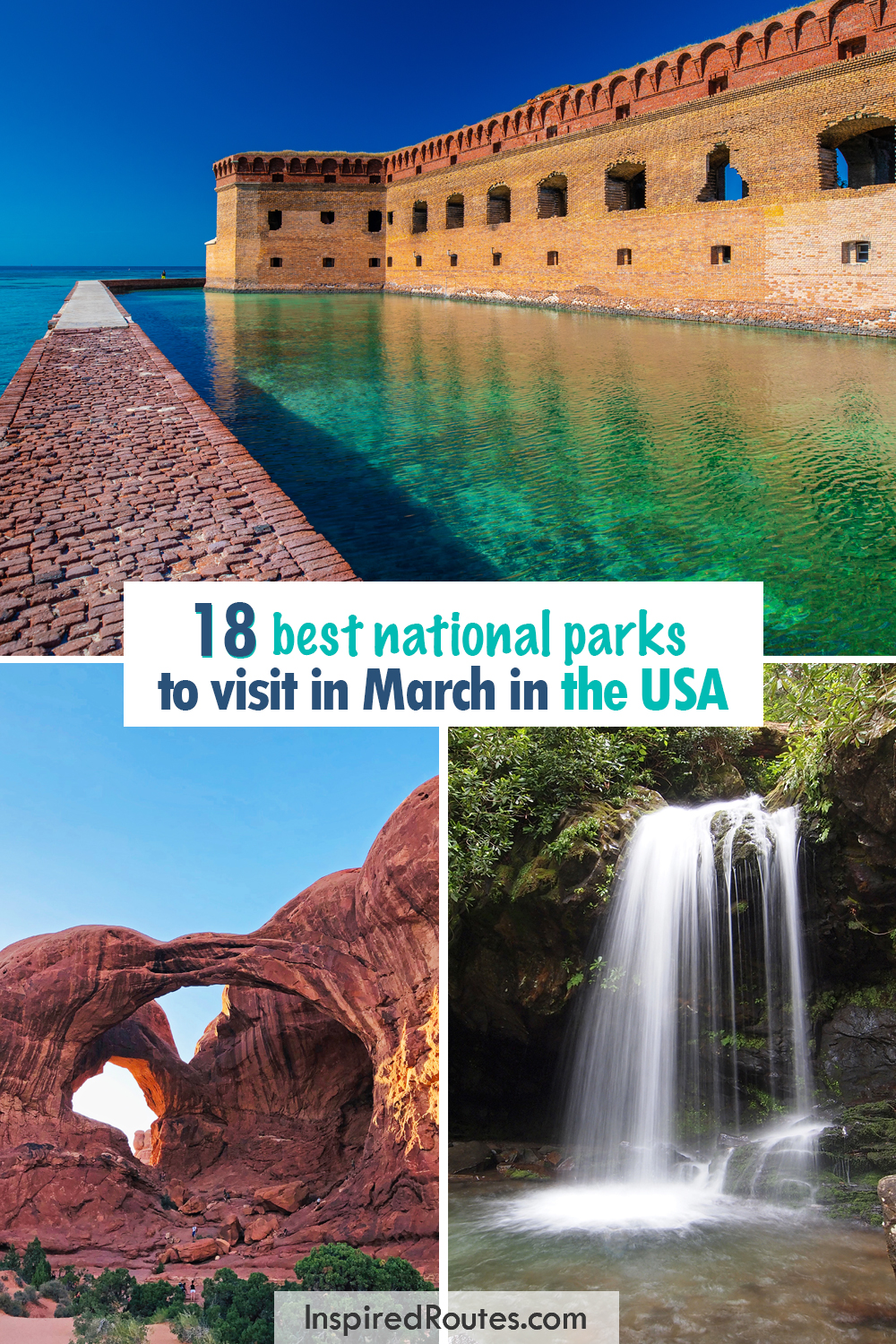 text reads 18 best national parks to visit in March in the USA with view of walkway over water, large arch and waterfall