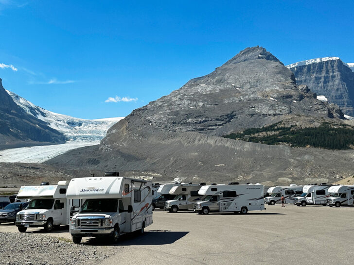 lot of RVs and motorhomes in with rocky mountains behind RV camping checklist