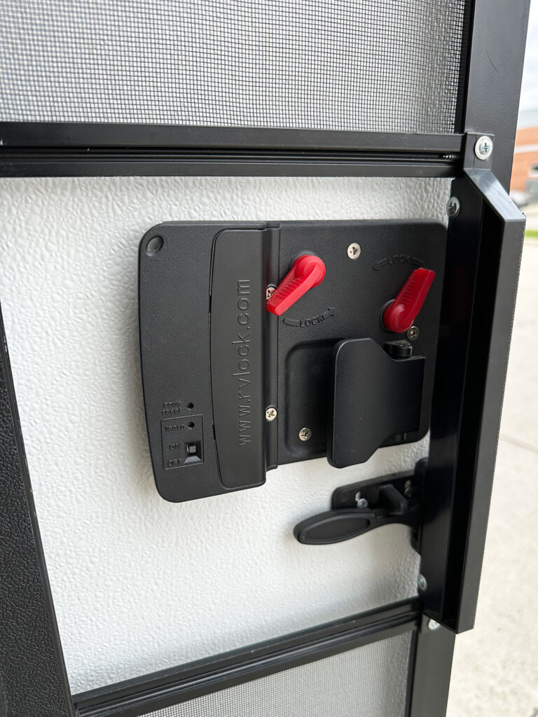 close up of RV motorhome lock system with handle