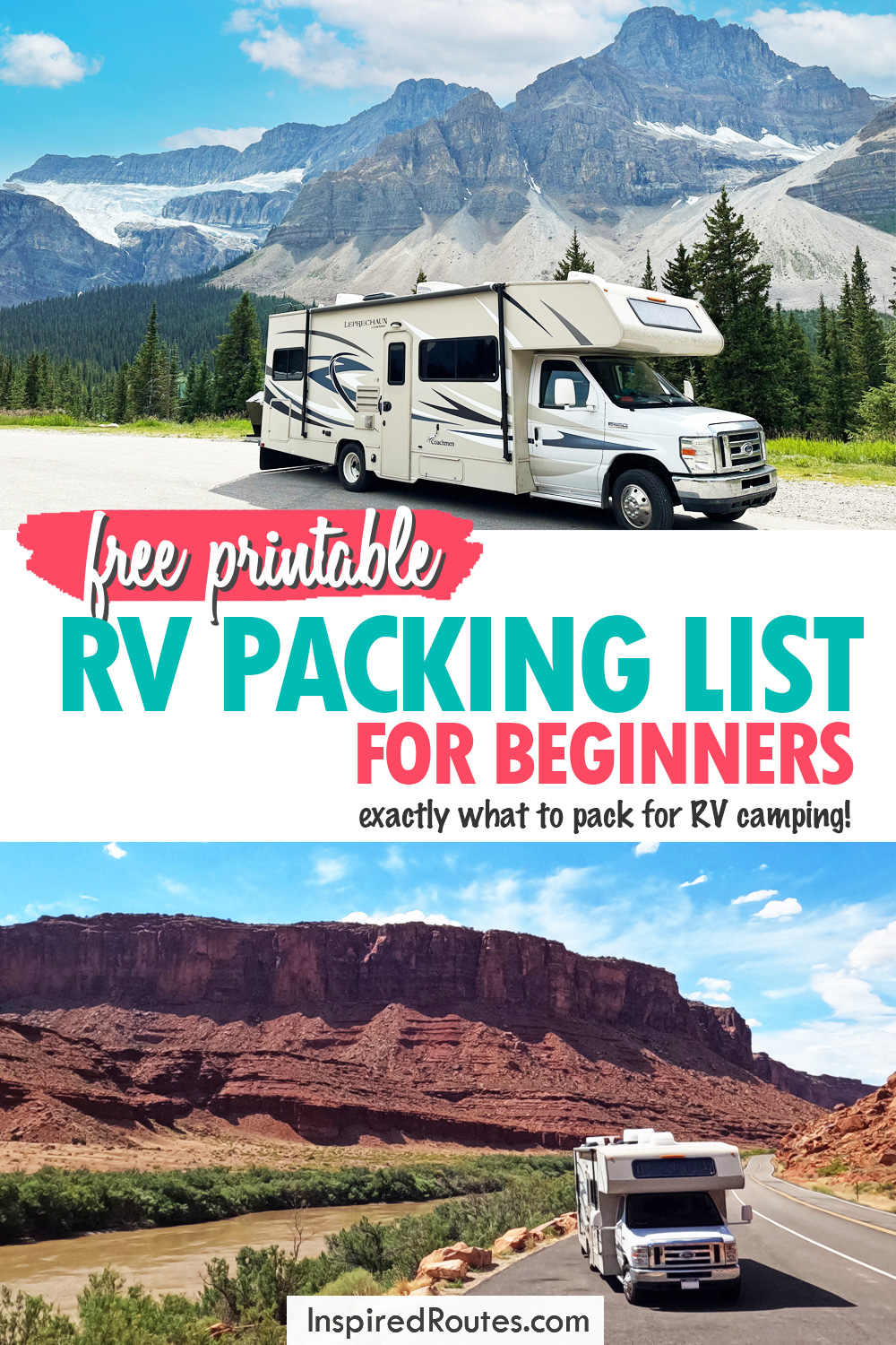 two images of RVs with mountains and text that reads free printable RV packing list for beginners exactly what to pack for RV camping