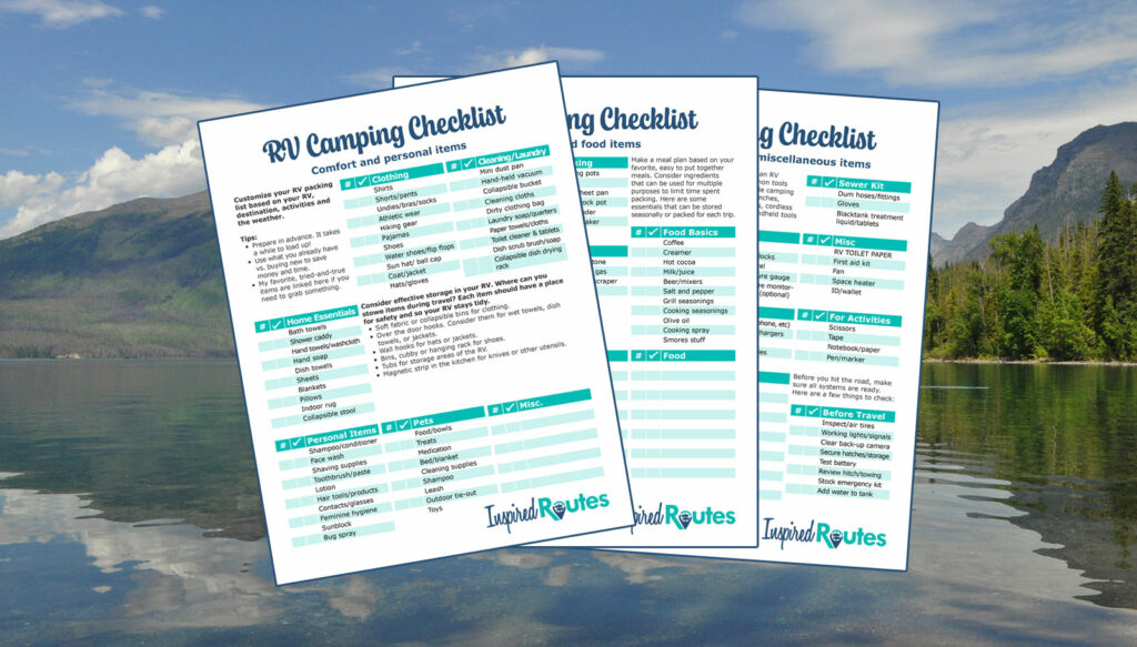 photo of lake with three checklists on top labeled RV camping checklist with items for download