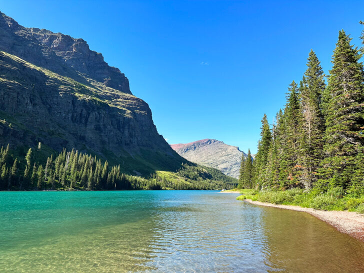 Lake Josephine in Glacier National Park on sunny day with mountains and tree shoreline