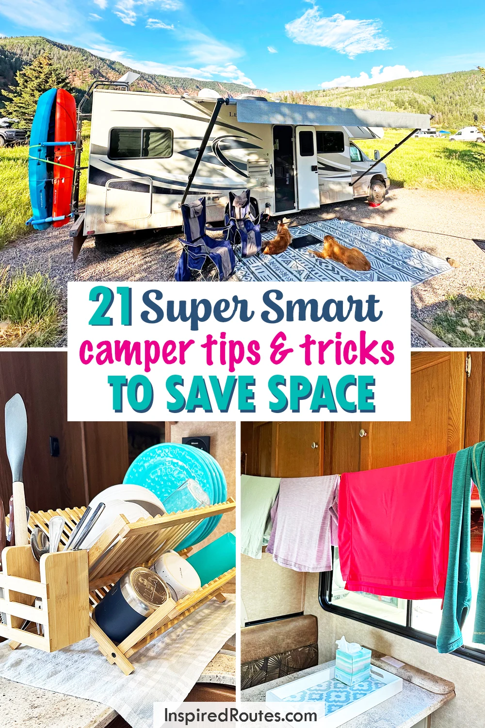 picture of camper and accessories with text that reads 21 super smart camper tips and tricks to save space