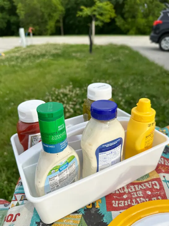 view of condiments in a caddy for cooking outdoors