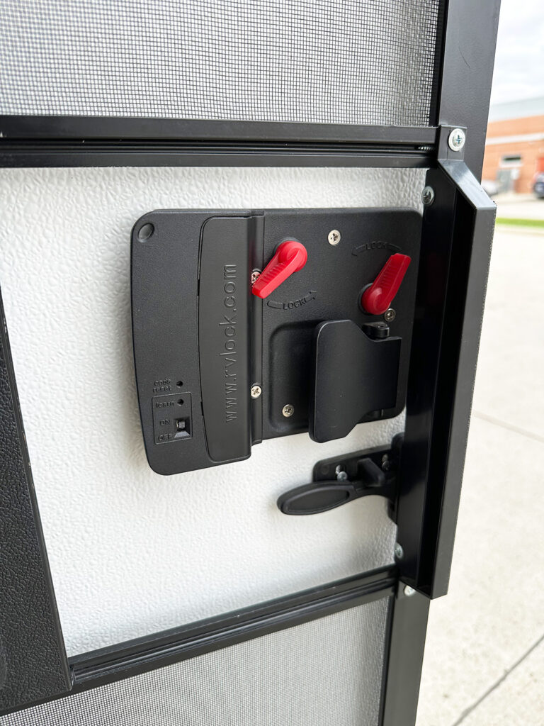 interior of rv lock with black and red clips