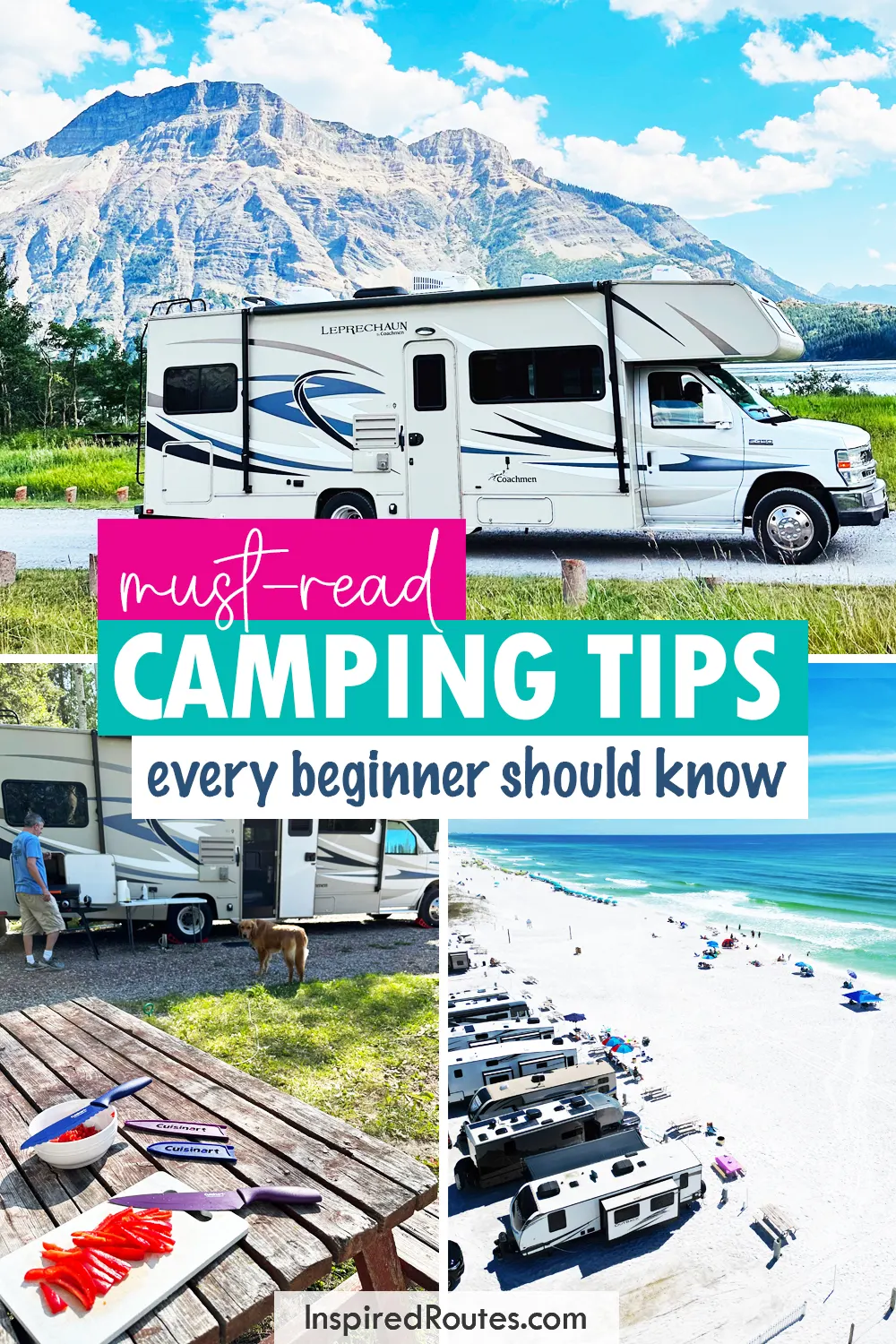 view of motorhome, campground and food prep with text that reads must-read camping tips every beginner should know