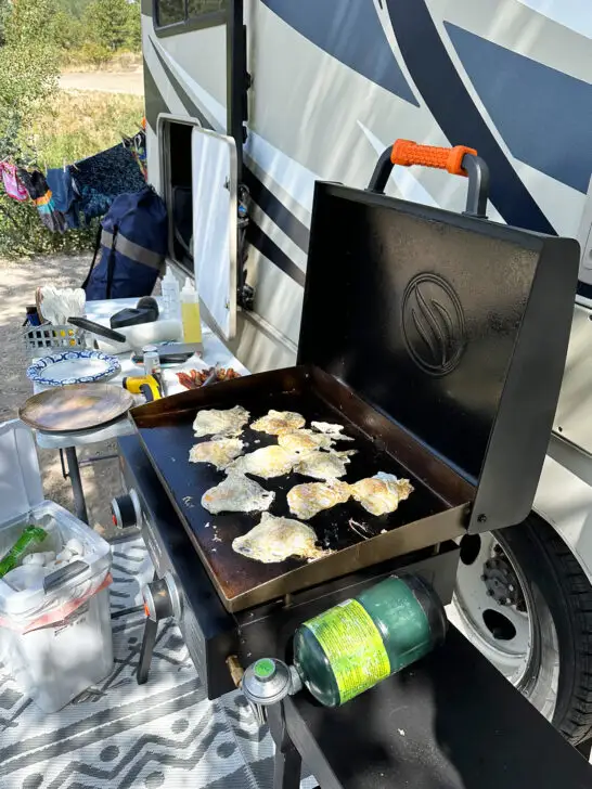 rv camping for beginners frying eggs on blacktop cooker with supplies and rv in distance